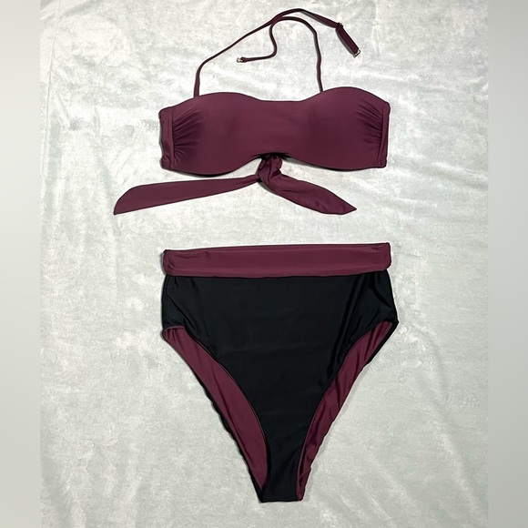 Gianni Bini High Waisted Bandeau Top Bikini Set Reversible Bottoms Maroon EUC - Picture 2 of 12